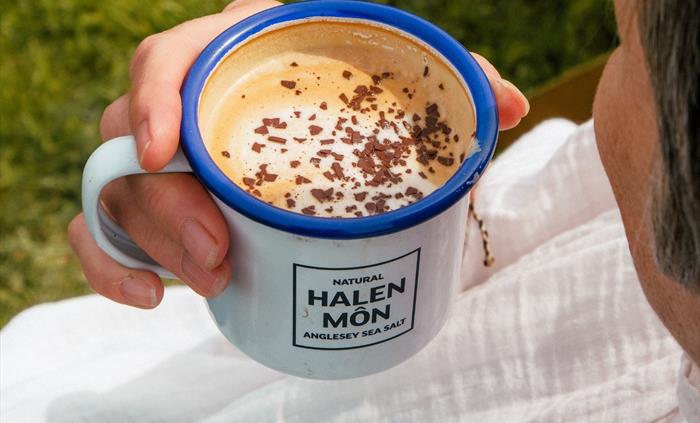 A drink served at Halen Môn's cafe Tide